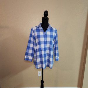 Blue and white plaid button up, 3/4 sleeves.